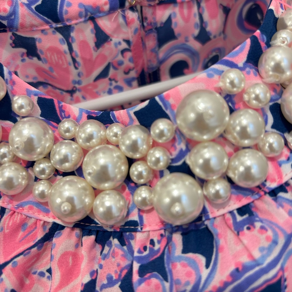 Lilly Pulitzer Shawn Pink and Blue Patterned Blouse with Pearl Embellishment - Picture 2 of 8
